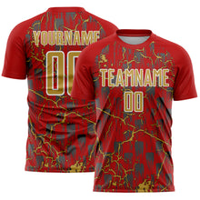 Load image into Gallery viewer, Custom Red Old Gold-White Lightning Sublimation Soccer Uniform Jersey
