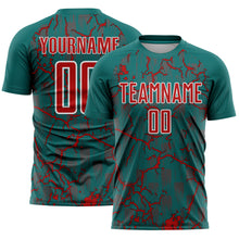 Load image into Gallery viewer, Custom Teal Red-White Lightning Sublimation Soccer Uniform Jersey
