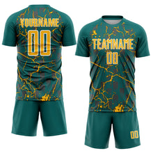 Load image into Gallery viewer, Custom Teal Gold-White Lightning Sublimation Soccer Uniform Jersey
