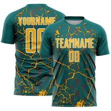 Load image into Gallery viewer, Custom Teal Gold-White Lightning Sublimation Soccer Uniform Jersey

