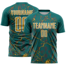 Load image into Gallery viewer, Custom Teal Old Gold-White Lightning Sublimation Soccer Uniform Jersey

