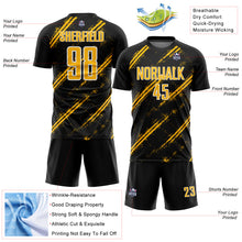 Load image into Gallery viewer, Custom Black Gold-White Abstract Fragment Art Splash Sublimation Soccer Uniform Jersey
