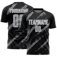 Load image into Gallery viewer, Custom Black Gray-White Abstract Fragment Art Splash Sublimation Soccer Uniform Jersey
