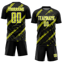 Load image into Gallery viewer, Custom Black Neon Yellow-White Abstract Fragment Art Splash Sublimation Soccer Uniform Jersey
