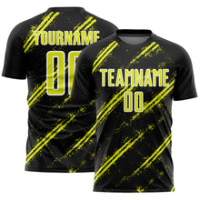 Load image into Gallery viewer, Custom Black Neon Yellow-White Abstract Fragment Art Splash Sublimation Soccer Uniform Jersey
