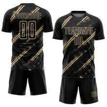 Load image into Gallery viewer, Custom Black Vegas Gold Abstract Fragment Art Splash Sublimation Soccer Uniform Jersey

