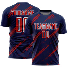 Загрузить изображение в средство просмотра галереи, Custom Navy Red-White Abstract Fragment Art Splash Sublimation Soccer Uniform Jersey
