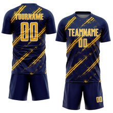 Laden Sie das Bild in den Galerie-Viewer, Custom Navy Gold-White Abstract Fragment Art Splash Sublimation Soccer Uniform Jersey
