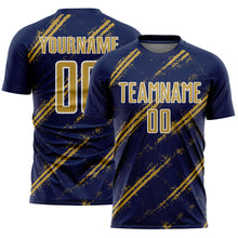 Загрузить изображение в средство просмотра галереи, Custom Navy Old Gold-White Abstract Fragment Art Splash Sublimation Soccer Uniform Jersey
