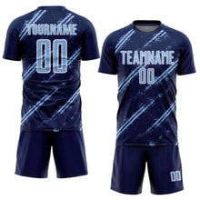 Laden Sie das Bild in den Galerie-Viewer, Custom Navy Light Blue-White Abstract Fragment Art Splash Sublimation Soccer Uniform Jersey
