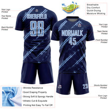 Laden Sie das Bild in den Galerie-Viewer, Custom Navy Light Blue-White Abstract Fragment Art Splash Sublimation Soccer Uniform Jersey
