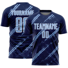 Laden Sie das Bild in den Galerie-Viewer, Custom Navy Light Blue-White Abstract Fragment Art Splash Sublimation Soccer Uniform Jersey
