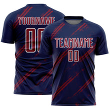 Загрузить изображение в средство просмотра галереи, Custom Navy Crimson-White Abstract Fragment Art Splash Sublimation Soccer Uniform Jersey

