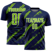 Laden Sie das Bild in den Galerie-Viewer, Custom Navy Neon Green-White Abstract Fragment Art Splash Sublimation Soccer Uniform Jersey
