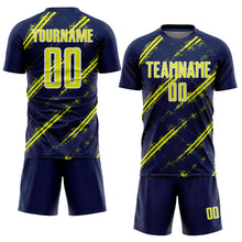 Laden Sie das Bild in den Galerie-Viewer, Custom Navy Neon Yellow-White Abstract Fragment Art Splash Sublimation Soccer Uniform Jersey
