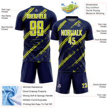 Laden Sie das Bild in den Galerie-Viewer, Custom Navy Neon Yellow-White Abstract Fragment Art Splash Sublimation Soccer Uniform Jersey
