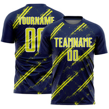 Laden Sie das Bild in den Galerie-Viewer, Custom Navy Neon Yellow-White Abstract Fragment Art Splash Sublimation Soccer Uniform Jersey
