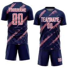 Laden Sie das Bild in den Galerie-Viewer, Custom Navy Medium Pink-White Abstract Fragment Art Splash Sublimation Soccer Uniform Jersey
