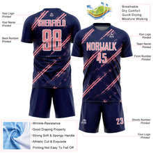 Laden Sie das Bild in den Galerie-Viewer, Custom Navy Medium Pink-White Abstract Fragment Art Splash Sublimation Soccer Uniform Jersey
