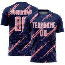 Laden Sie das Bild in den Galerie-Viewer, Custom Navy Medium Pink-White Abstract Fragment Art Splash Sublimation Soccer Uniform Jersey
