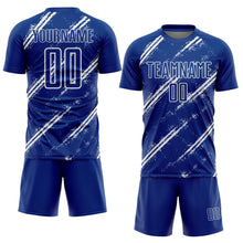 Load image into Gallery viewer, Custom Royal White Abstract Fragment Art Splash Sublimation Soccer Uniform Jersey

