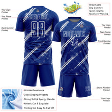 Load image into Gallery viewer, Custom Royal White Abstract Fragment Art Splash Sublimation Soccer Uniform Jersey
