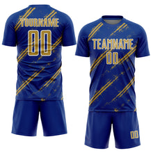 Load image into Gallery viewer, Custom Royal Old Gold-White Abstract Fragment Art Splash Sublimation Soccer Uniform Jersey
