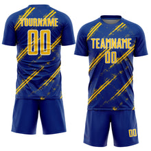 Load image into Gallery viewer, Custom Royal Yellow-White Abstract Fragment Art Splash Sublimation Soccer Uniform Jersey
