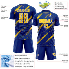 Load image into Gallery viewer, Custom Royal Yellow-White Abstract Fragment Art Splash Sublimation Soccer Uniform Jersey
