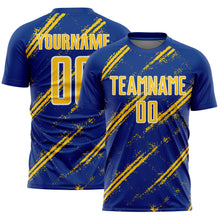 Load image into Gallery viewer, Custom Royal Yellow-White Abstract Fragment Art Splash Sublimation Soccer Uniform Jersey
