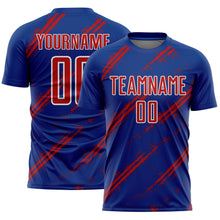 Load image into Gallery viewer, Custom Royal Red-White Abstract Fragment Art Splash Sublimation Soccer Uniform Jersey
