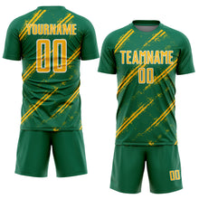 Load image into Gallery viewer, Custom Kelly Green Gold-White Abstract Fragment Art Splash Sublimation Soccer Uniform Jersey
