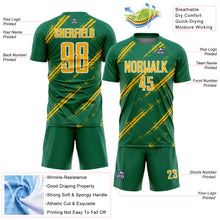 Load image into Gallery viewer, Custom Kelly Green Gold-White Abstract Fragment Art Splash Sublimation Soccer Uniform Jersey
