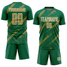 Load image into Gallery viewer, Custom Kelly Green Old Gold-White Abstract Fragment Art Splash Sublimation Soccer Uniform Jersey

