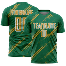 Load image into Gallery viewer, Custom Kelly Green Old Gold-White Abstract Fragment Art Splash Sublimation Soccer Uniform Jersey

