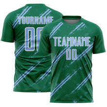 Load image into Gallery viewer, Custom Kelly Green Light Blue-White Abstract Fragment Art Splash Sublimation Soccer Uniform Jersey
