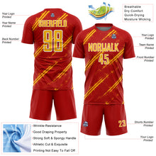 Load image into Gallery viewer, Custom Red Gold-White Abstract Fragment Art Splash Sublimation Soccer Uniform Jersey
