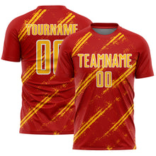Load image into Gallery viewer, Custom Red Gold-White Abstract Fragment Art Splash Sublimation Soccer Uniform Jersey

