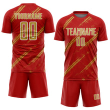 Load image into Gallery viewer, Custom Red Old Gold-White Abstract Fragment Art Splash Sublimation Soccer Uniform Jersey
