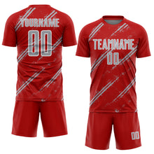 Load image into Gallery viewer, Custom Red Gray-White Abstract Fragment Art Splash Sublimation Soccer Uniform Jersey
