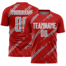 Load image into Gallery viewer, Custom Red Gray-White Abstract Fragment Art Splash Sublimation Soccer Uniform Jersey
