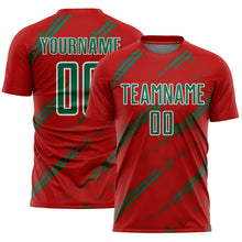 Load image into Gallery viewer, Custom Red Kelly Green-White Abstract Fragment Art Splash Sublimation Soccer Uniform Jersey
