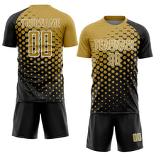 Load image into Gallery viewer, Custom Black Old Gold-White Modern Polka Dot Sublimation Soccer Uniform Jersey
