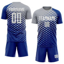 Laden Sie das Bild in den Galerie-Viewer, Custom Royal White-Gray Modern Polka Dot Sublimation Soccer Uniform Jersey
