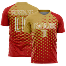 Load image into Gallery viewer, Custom Red Old Gold-White Modern Polka Dot Sublimation Soccer Uniform Jersey
