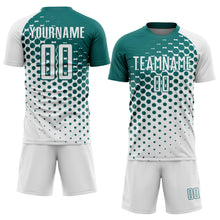 Load image into Gallery viewer, Custom White Teal Modern Polka Dot Sublimation Soccer Uniform Jersey
