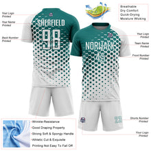 Load image into Gallery viewer, Custom White Teal Modern Polka Dot Sublimation Soccer Uniform Jersey
