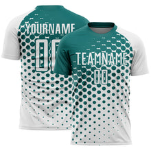 Load image into Gallery viewer, Custom White Teal Modern Polka Dot Sublimation Soccer Uniform Jersey
