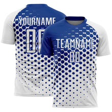 Load image into Gallery viewer, Custom White Royal Modern Polka Dot Sublimation Soccer Uniform Jersey
