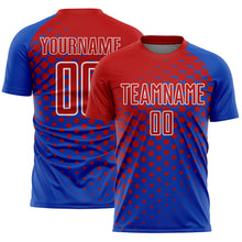 Laden Sie das Bild in den Galerie-Viewer, Custom Thunder Blue Red-White Modern Polka Dot Sublimation Soccer Uniform Jersey
